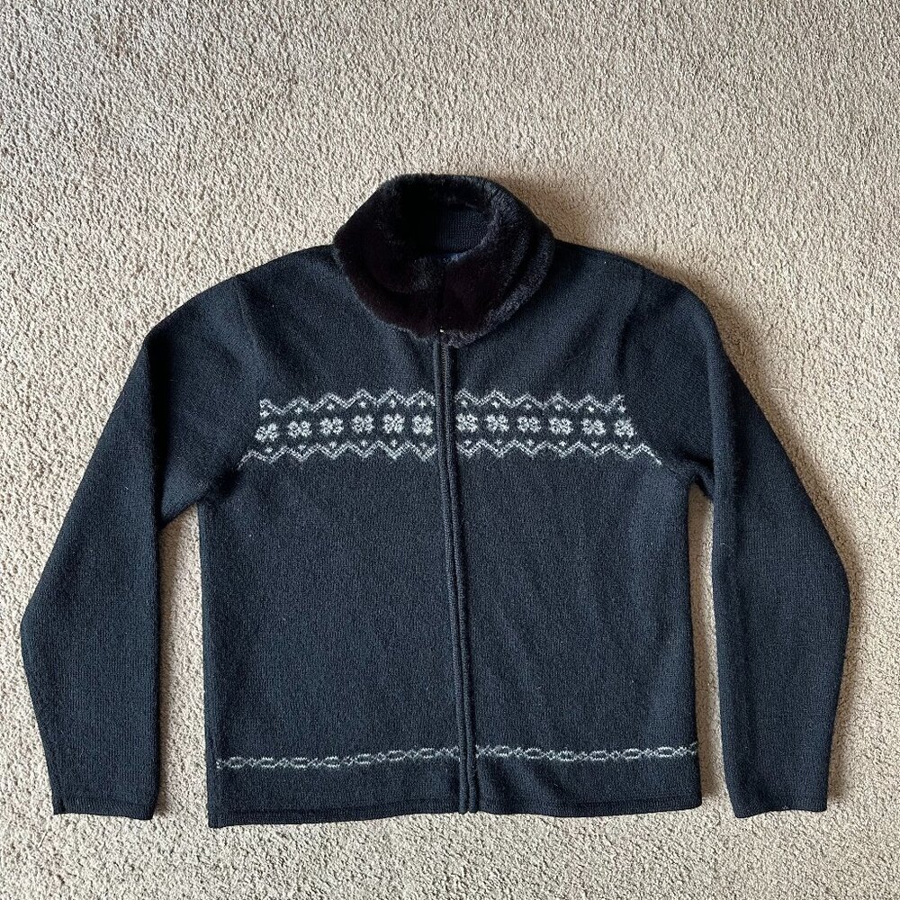Karen Scott Sweater Womens Medium Full Zip 100% Wool Faux Fur Neck Black